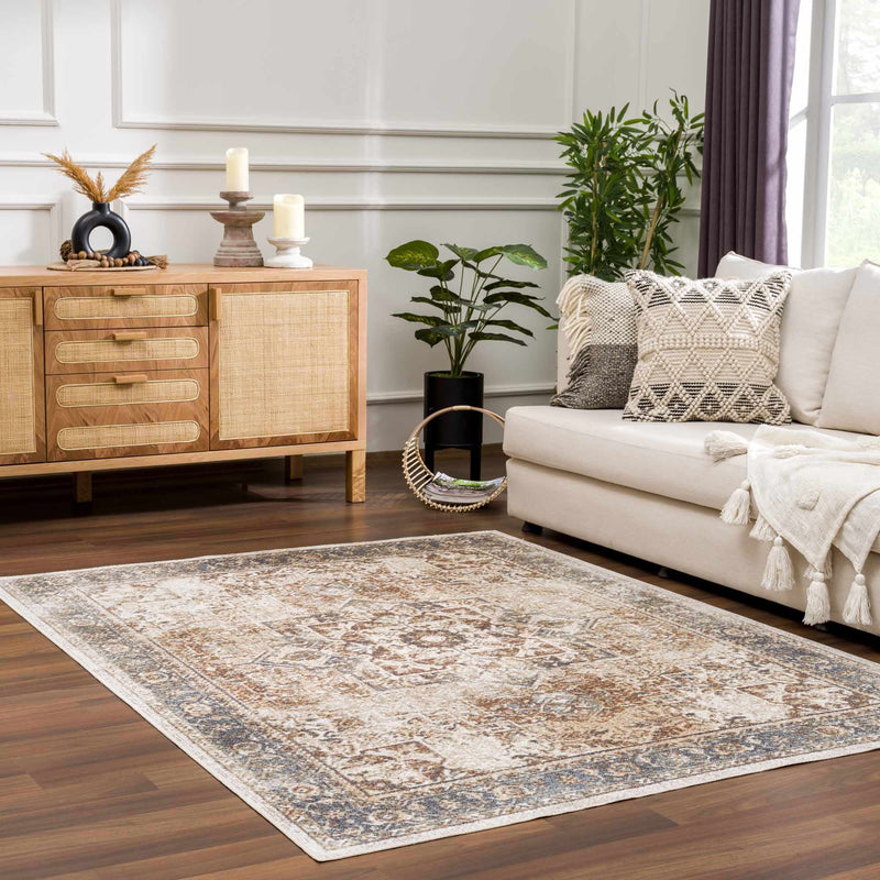 Antique Finish Brown, Silver and Charcoal Traditional Design Washable Area Rug - The Rug Decor