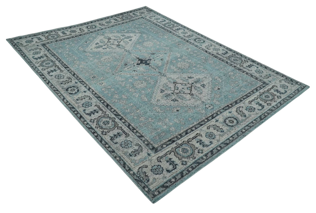 Antique Finish Hand Knotted 8x10 Blue, Silver and Charcoal Traditional Low Pile Wool Area Rug - The Rug Decor
