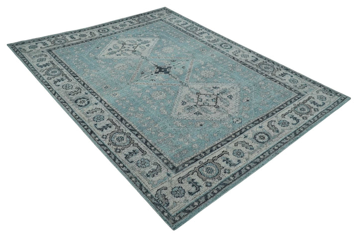 Antique Finish Hand Knotted 8x10 Blue, Silver and Charcoal Traditional Low Pile Wool Area Rug - The Rug Decor