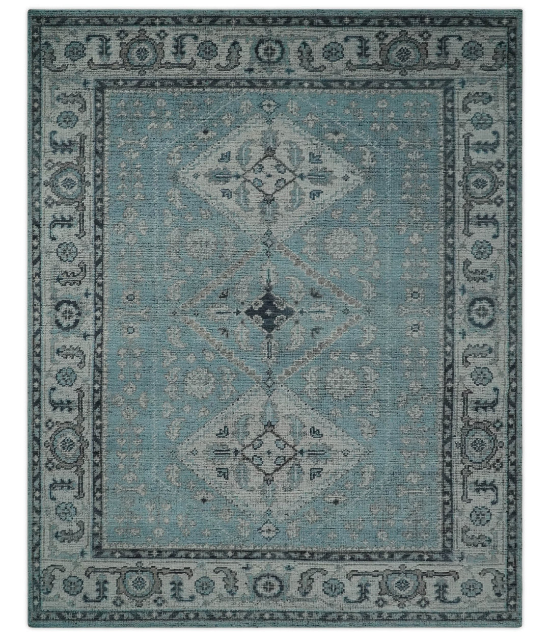 Antique Finish Hand Knotted 8x10 Blue, Silver and Charcoal Traditional Low Pile Wool Area Rug - The Rug Decor