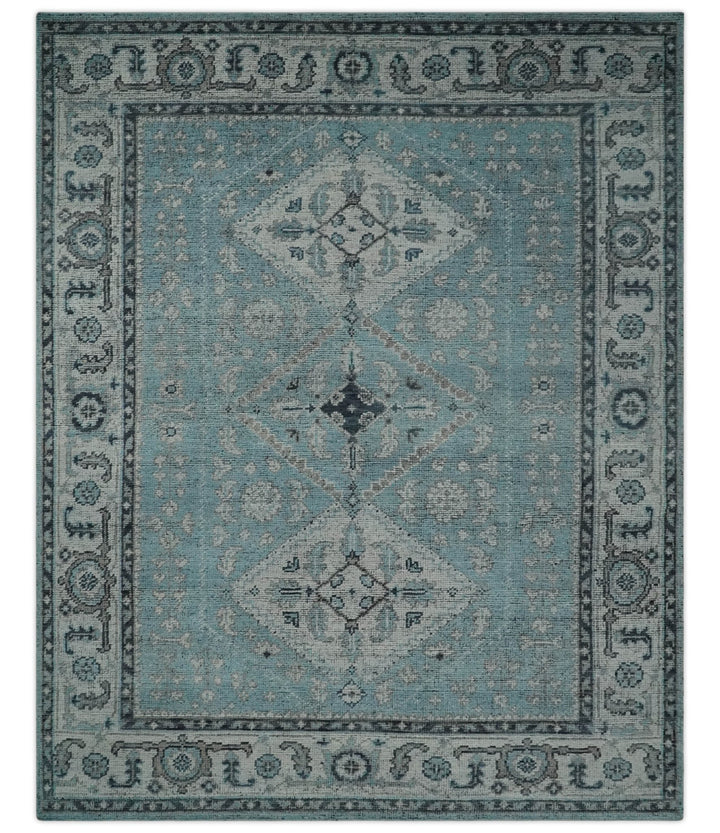 Antique Finish Hand Knotted 8x10 Blue, Silver and Charcoal Traditional Low Pile Wool Area Rug - The Rug Decor