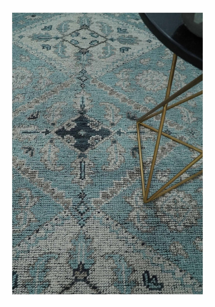 Antique Finish Hand Knotted 8x10 Blue, Silver and Charcoal Traditional Low Pile Wool Area Rug - The Rug Decor
