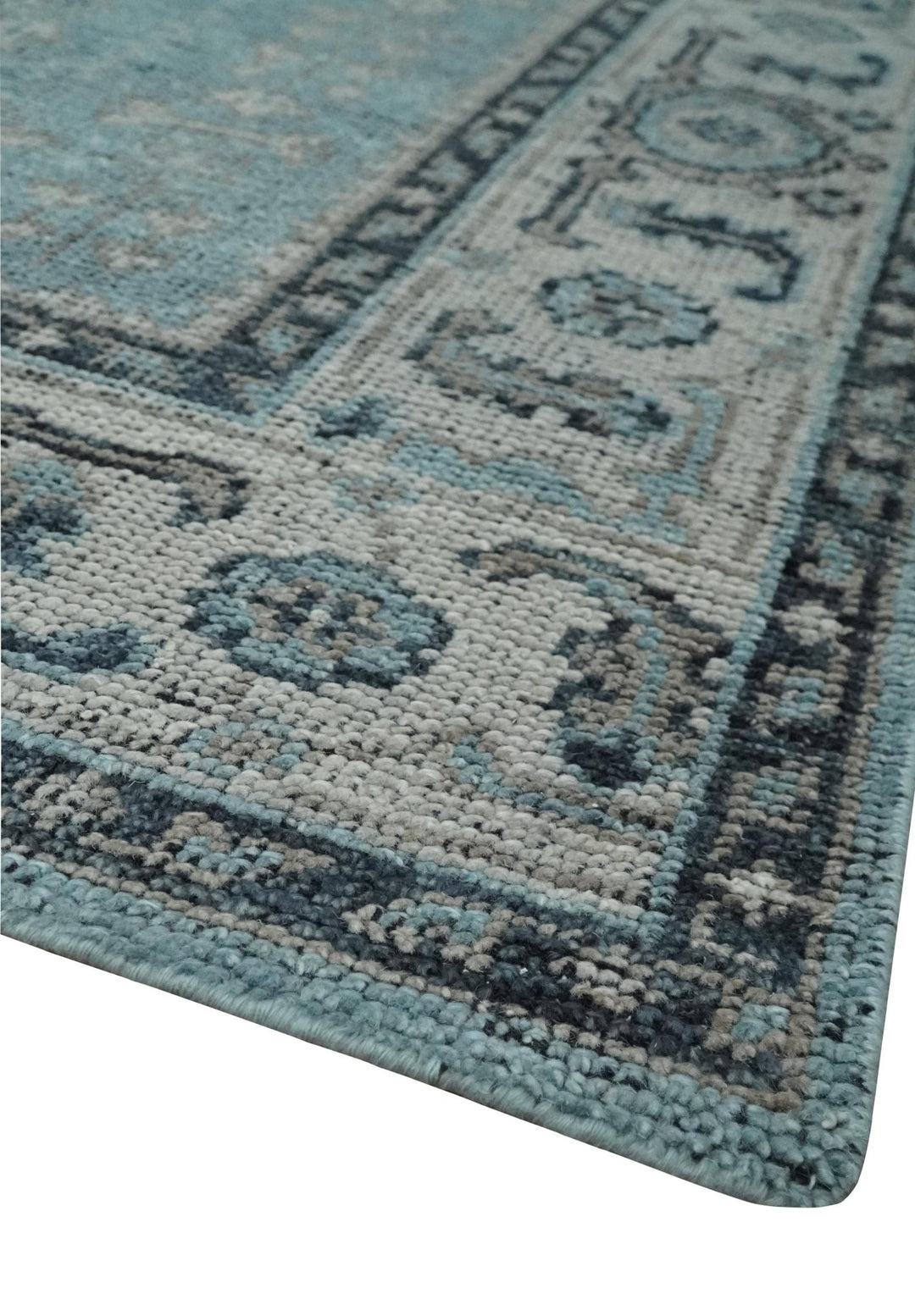 Antique Finish Hand Knotted 8x10 Blue, Silver and Charcoal Traditional Low Pile Wool Area Rug - The Rug Decor