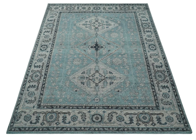 Antique Finish Hand Knotted 8x10 Blue, Silver and Charcoal Traditional Low Pile Wool Area Rug - The Rug Decor