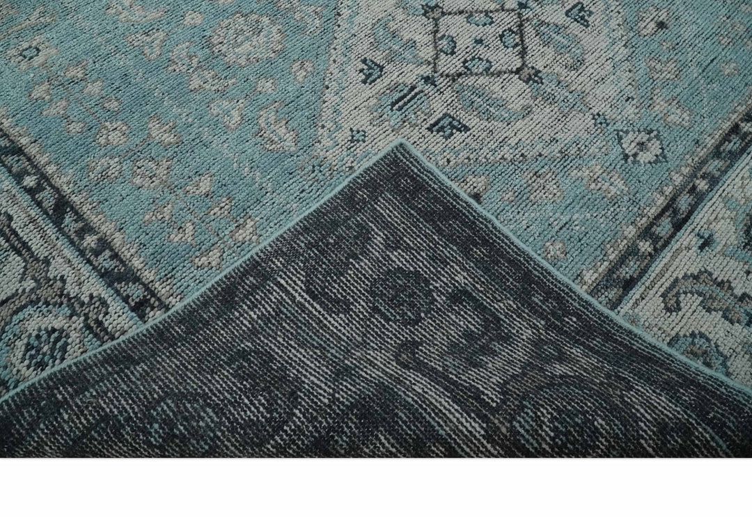Antique Finish Hand Knotted 8x10 Blue, Silver and Charcoal Traditional Low Pile Wool Area Rug - The Rug Decor