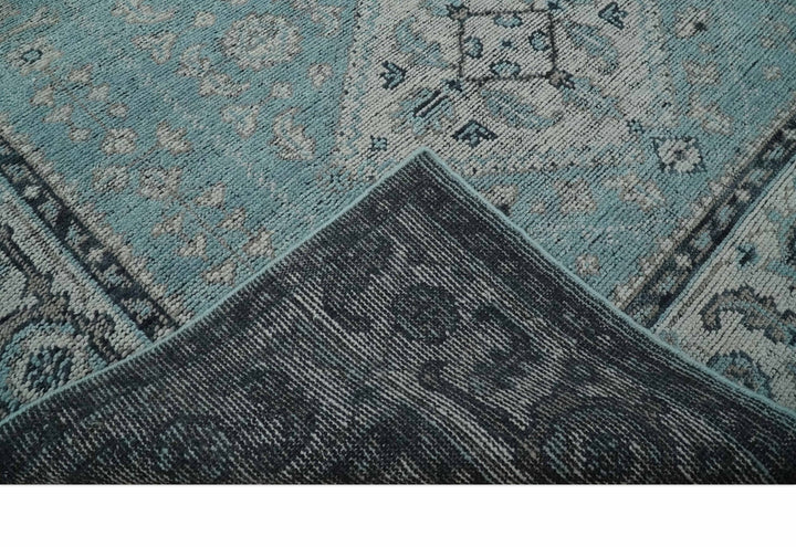Antique Finish Hand Knotted 8x10 Blue, Silver and Charcoal Traditional Low Pile Wool Area Rug - The Rug Decor