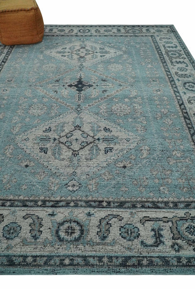 Antique Finish Hand Knotted 8x10 Blue, Silver and Charcoal Traditional Low Pile Wool Area Rug - The Rug Decor