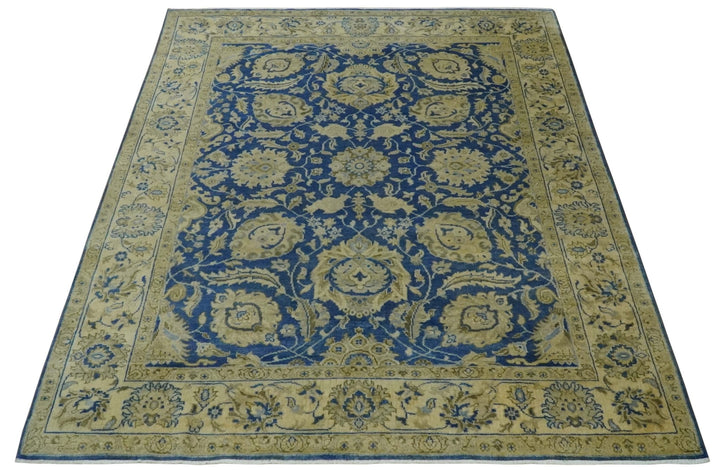 Antique Finish Oushak 8x10 Hand Knotted Blue and Beige Traditional Wool Area Rug - The Rug Decor