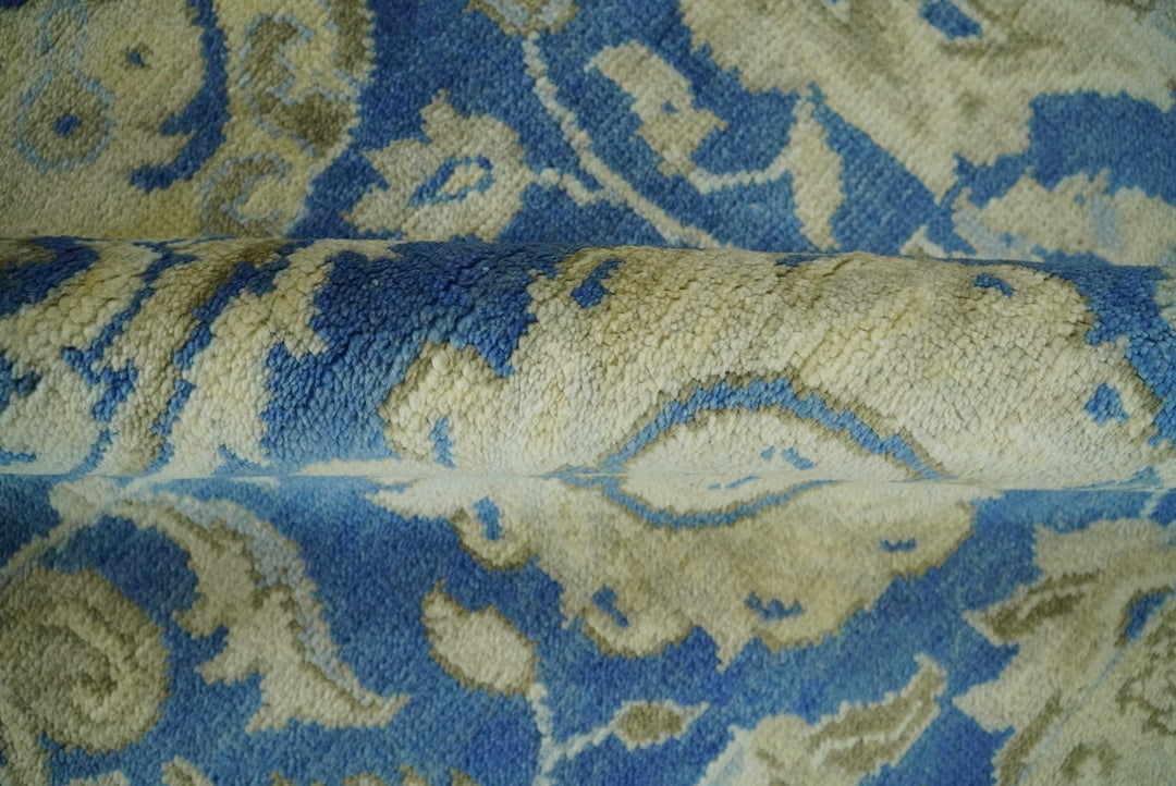Antique Finish Oushak 8x10 Hand Knotted Blue and Beige Traditional Wool Area Rug - The Rug Decor