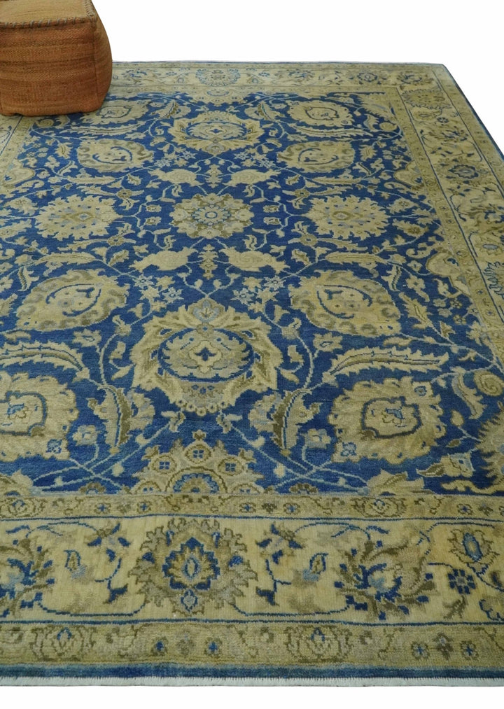 Antique Finish Oushak 8x10 Hand Knotted Blue and Beige Traditional Wool Area Rug - The Rug Decor