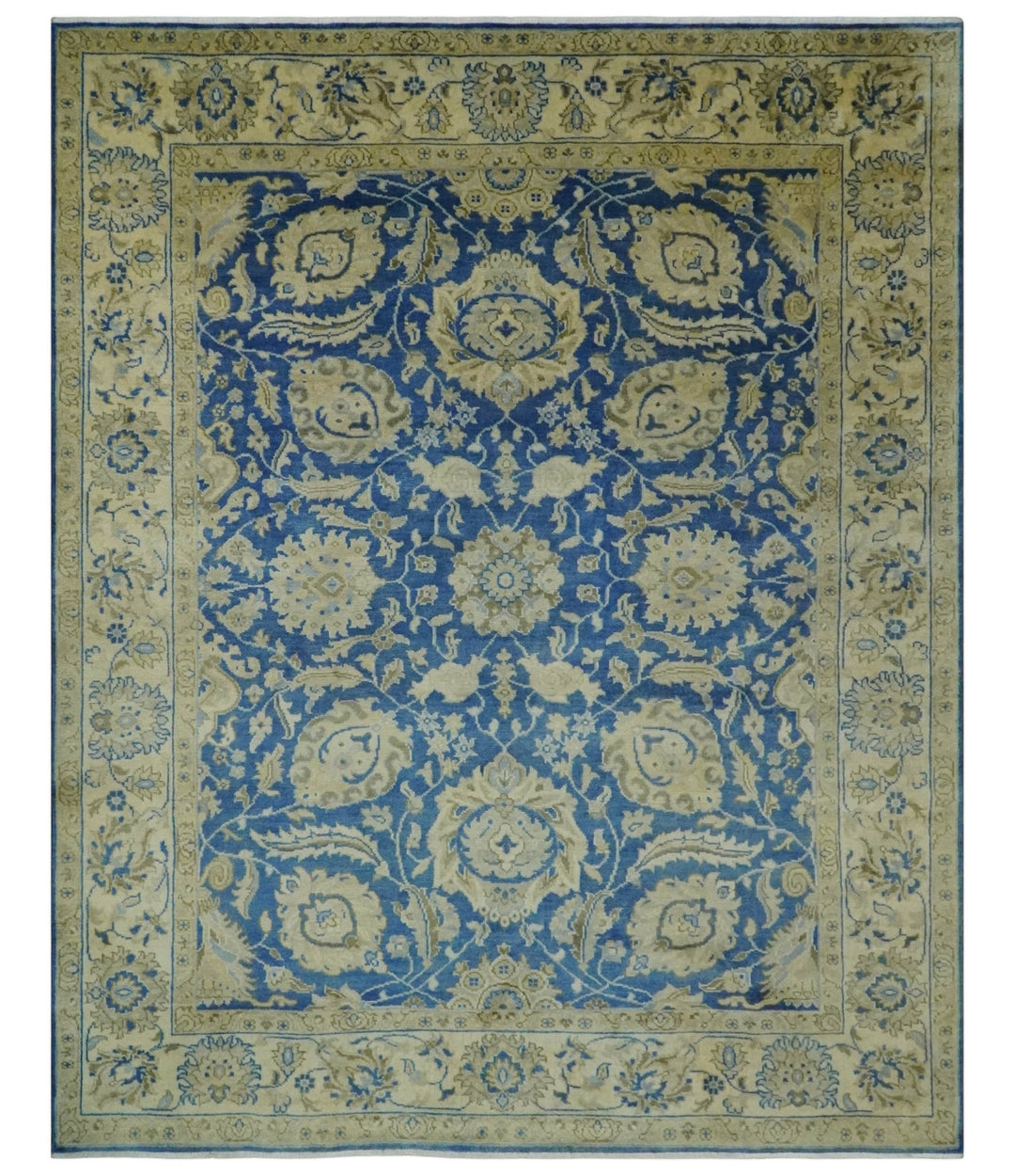 Antique Finish Oushak 8x10 Hand Knotted Blue and Beige Traditional Wool Area Rug - The Rug Decor