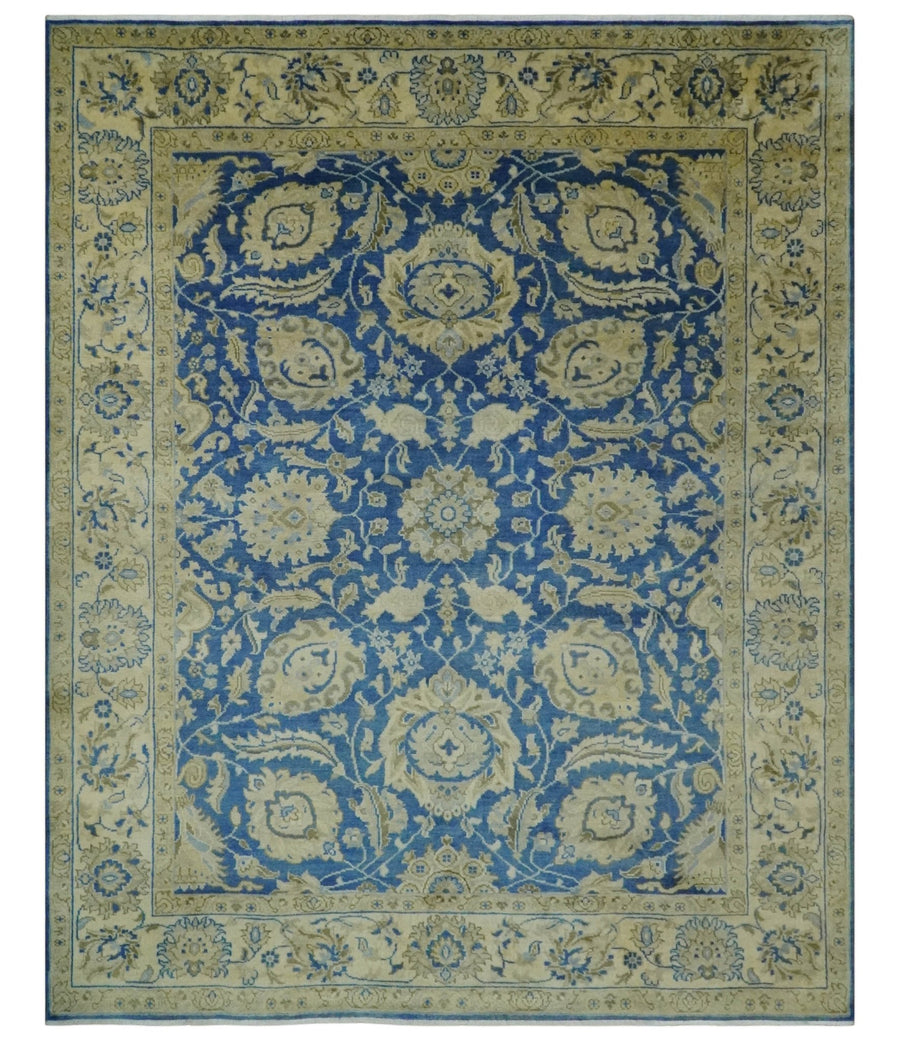 Antique Finish Oushak 8x10 Hand Knotted Blue and Beige Traditional Wool Area Rug - The Rug Decor