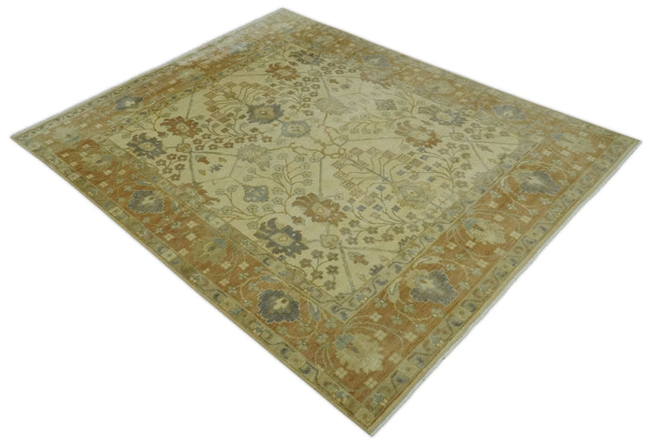 Antique Floral Beige, Olive and Rust Hand knotted Oriental Oushak 8x10 wool Area rug - The Rug Decor