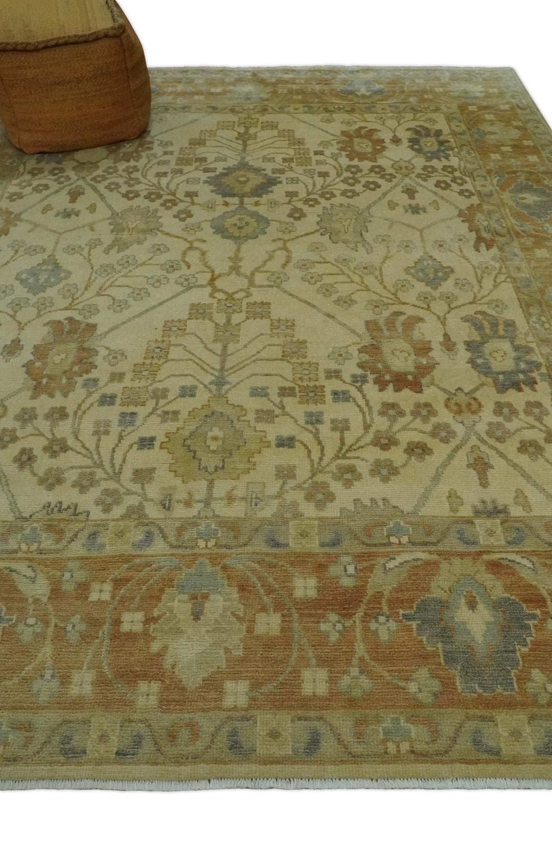 Antique Floral Beige, Olive and Rust Hand knotted Oriental Oushak 8x10 wool Area rug - The Rug Decor