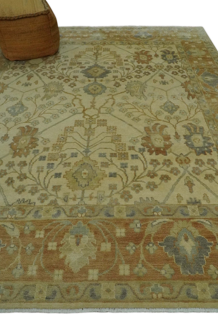 Antique Floral Beige, Olive and Rust Hand knotted Oriental Oushak 8x10 wool Area rug - The Rug Decor