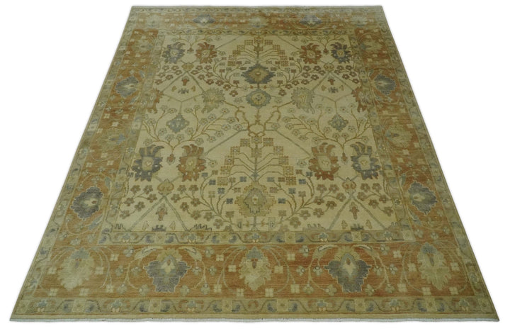 Antique Floral Beige, Olive and Rust Hand knotted Oriental Oushak 8x10 wool Area rug - The Rug Decor