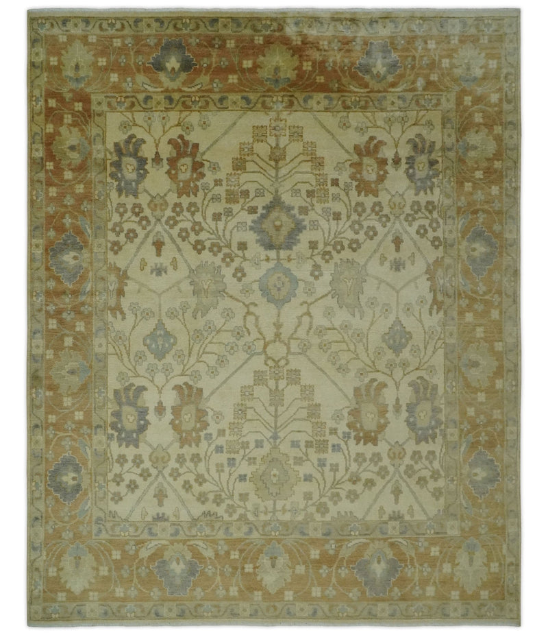 Antique Floral Beige, Olive and Rust Hand knotted Oriental Oushak 8x10 wool Area rug - The Rug Decor