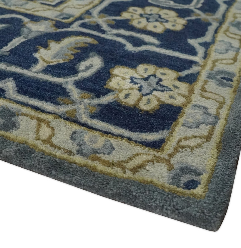 Antique Floral Charcoal, Blue and Olive Hand Tufted Traditional 8x10 wool Area Rug - The Rug Decor