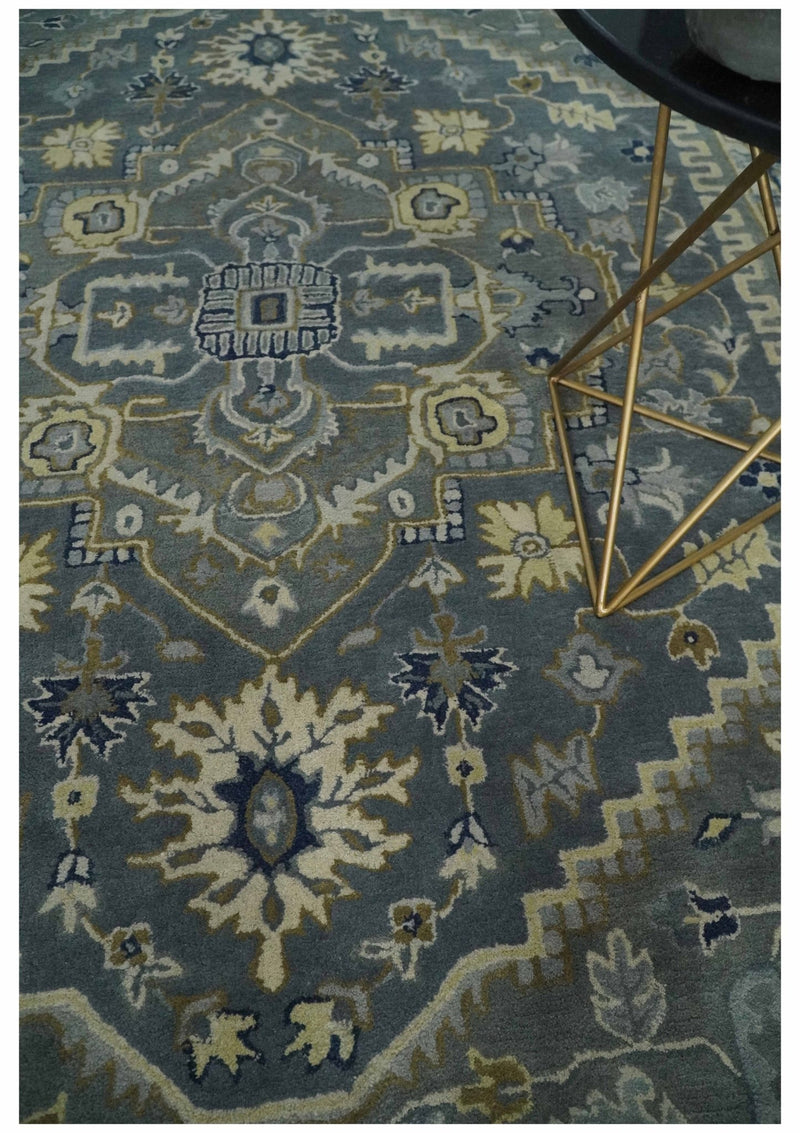 Antique Floral Charcoal, Blue and Olive Hand Tufted Traditional 8x10 wool Area Rug - The Rug Decor