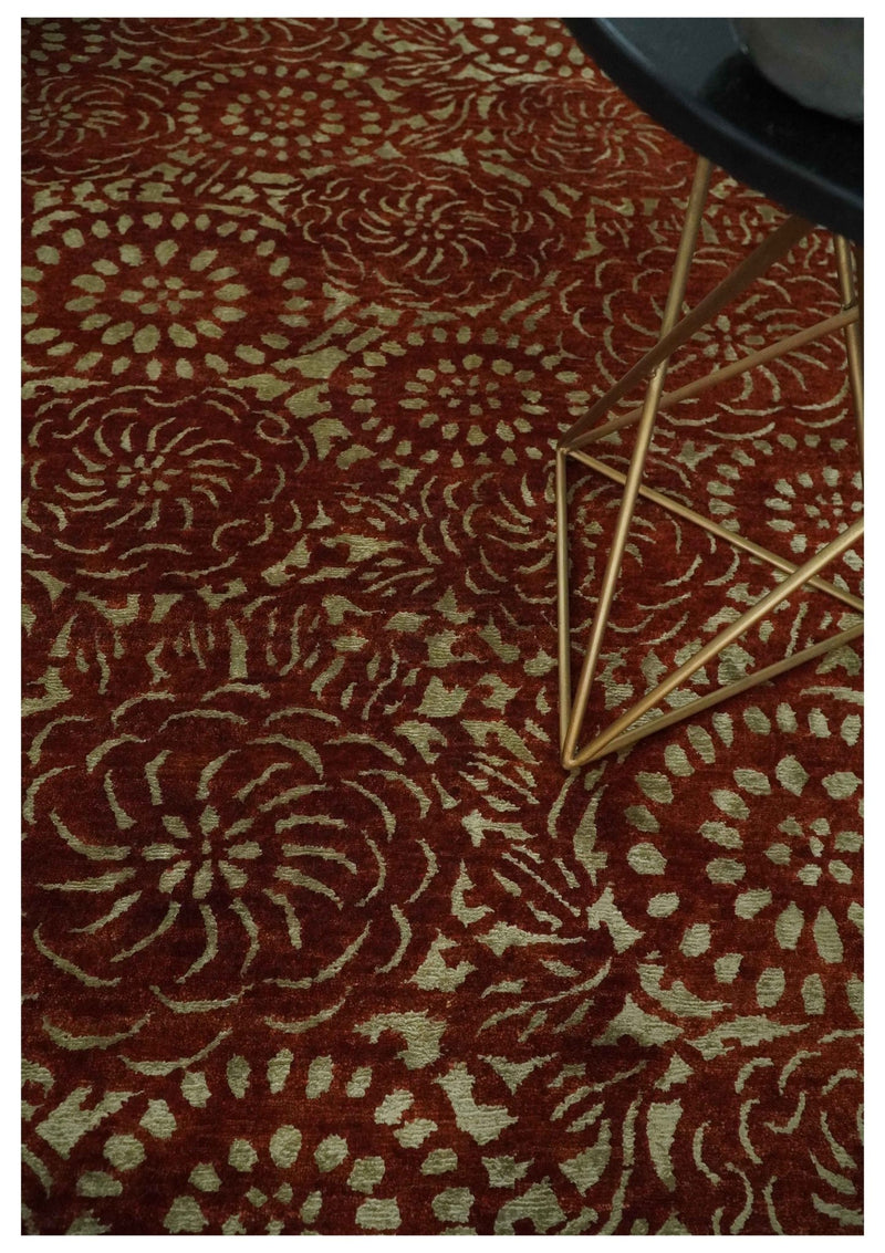 Antique Floral Rust and Olive Medallion design Hand knotted 8x10 wool Area Rug - The Rug Decor