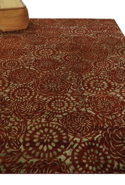 Antique Floral Rust and Olive Medallion design Hand knotted 8x10 wool Area Rug - The Rug Decor
