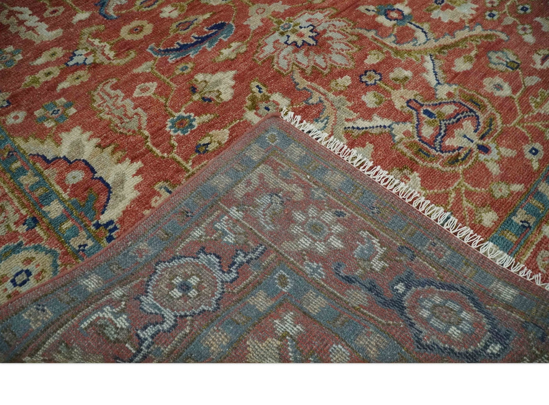 Antique Floral Style Rust, Teal, Ivory and Olive Hand Knotted Oriental Oushak 8x10 Wool Area Rug - The Rug Decor