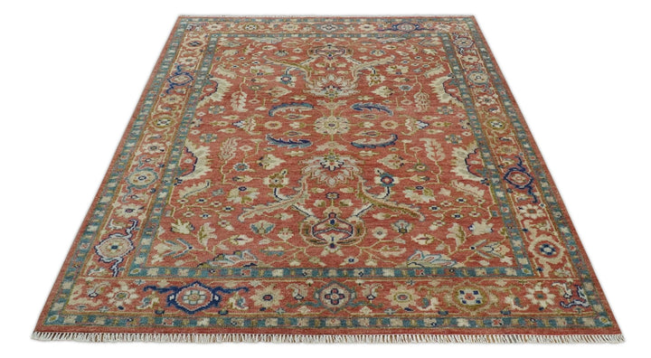 Antique Floral Style Rust, Teal, Ivory and Olive Hand Knotted Oriental Oushak 8x10 Wool Area Rug - The Rug Decor