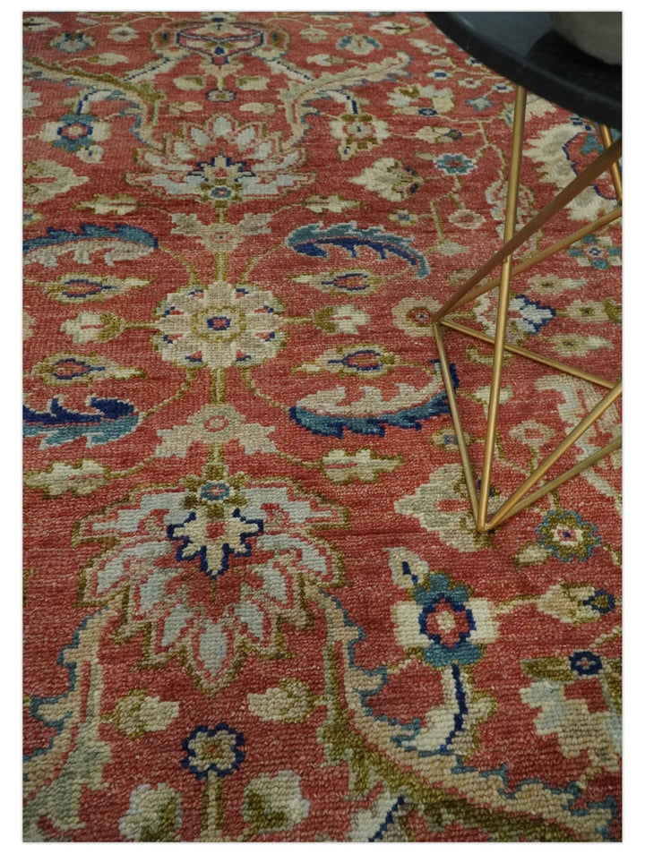 Antique Floral Style Rust, Teal, Ivory and Olive Hand Knotted Oriental Oushak 8x10 Wool Area Rug - The Rug Decor