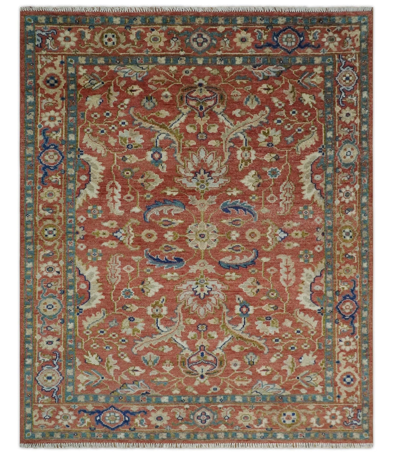 Antique Floral Style Rust, Teal, Ivory and Olive Hand Knotted Oriental Oushak 8x10 Wool Area Rug - The Rug Decor