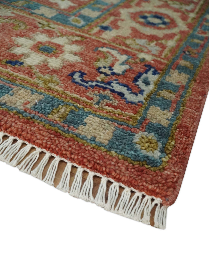 Antique Floral Style Rust, Teal, Ivory and Olive Hand Knotted Oriental Oushak 8x10 Wool Area Rug - The Rug Decor