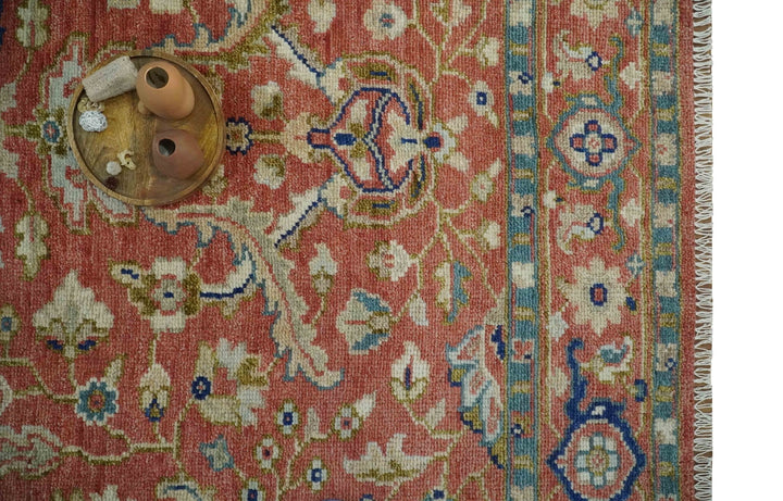 Antique Floral Style Rust, Teal, Ivory and Olive Hand Knotted Oriental Oushak 8x10 Wool Area Rug - The Rug Decor