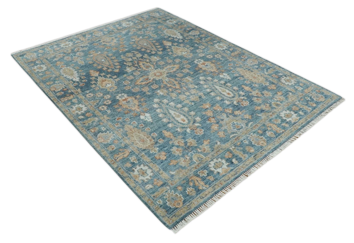 Antique Hand Knotted 8x10 Blue, Beige and Rust Traditional Oushak Wool Rug | TRD2782810S - The Rug Decor