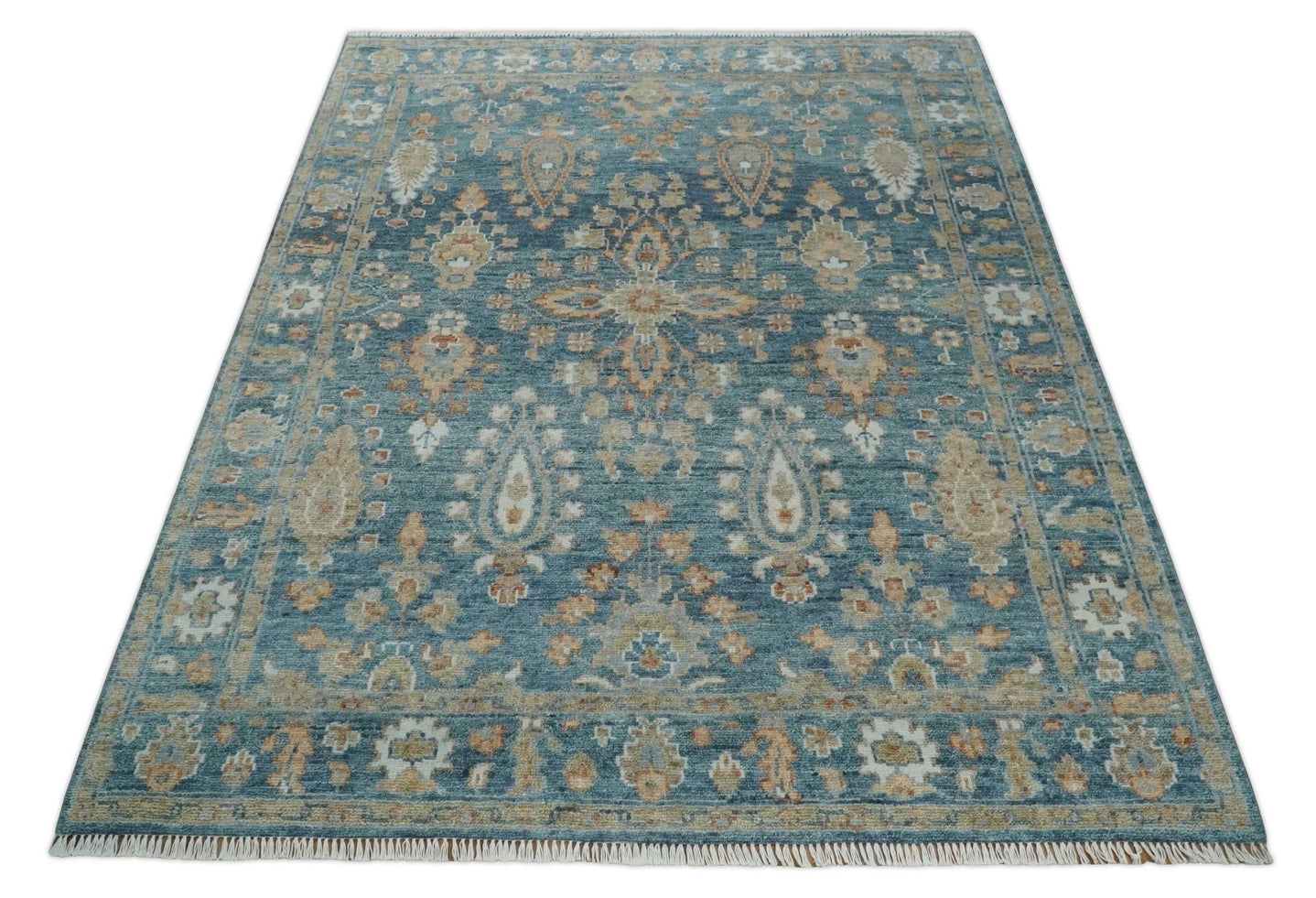 Antique Hand Knotted 8x10 Blue, Beige and Rust Traditional Oushak Wool Rug | TRD2782810S - The Rug Decor