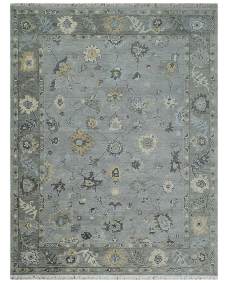 Antique Hand Knotted Silver and Charcoal Traditional Floral Oushak Wool Area Rug - The Rug Decor