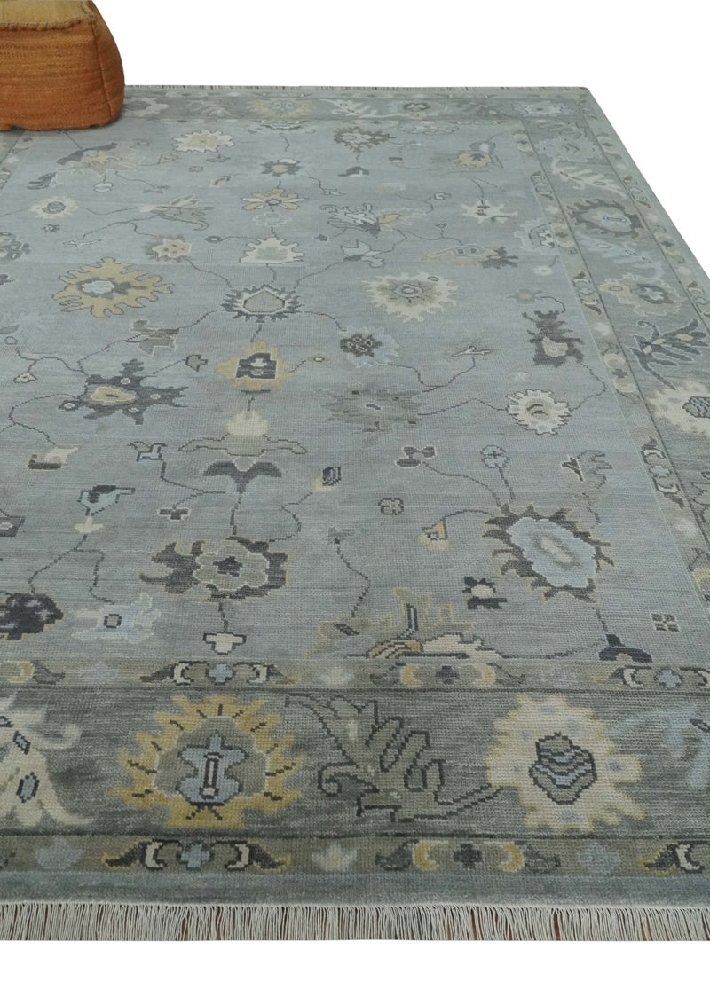 Antique Hand Knotted Silver and Charcoal Traditional Floral Oushak Wool Area Rug - The Rug Decor