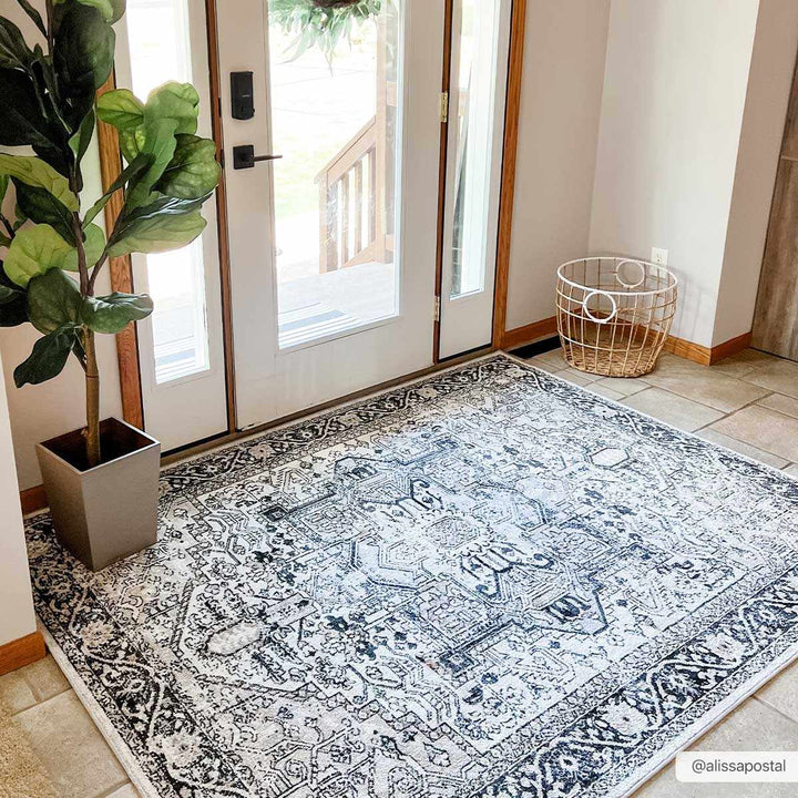 Antique Ivory, Beige and Charcoal Traditional Washable Turkish Design Area Rug - The Rug Decor