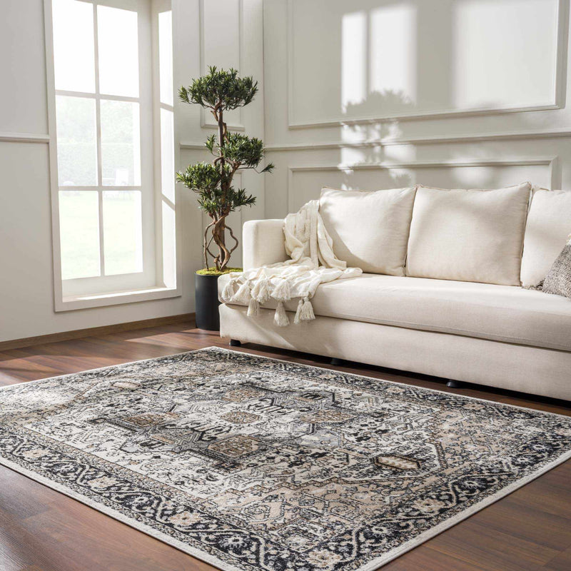Antique Ivory, Beige and Charcoal Traditional Washable Turkish Design Area Rug - The Rug Decor