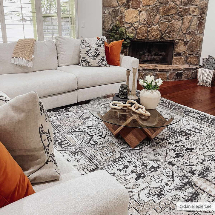 Antique Ivory, Beige and Charcoal Traditional Washable Turkish Design Area Rug - The Rug Decor