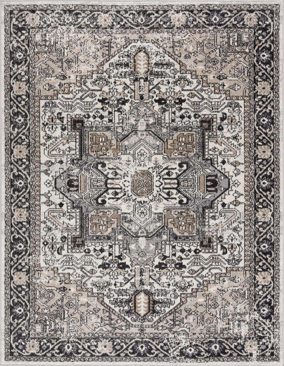 Antique Ivory, Beige and Charcoal Traditional Washable Turkish Design Area Rug - The Rug Decor
