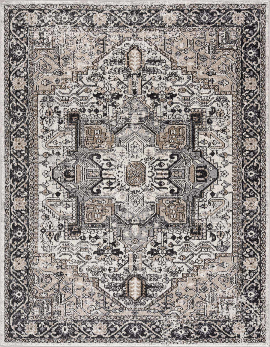 Antique Ivory, Beige and Charcoal Traditional Washable Turkish Design Area Rug - The Rug Decor