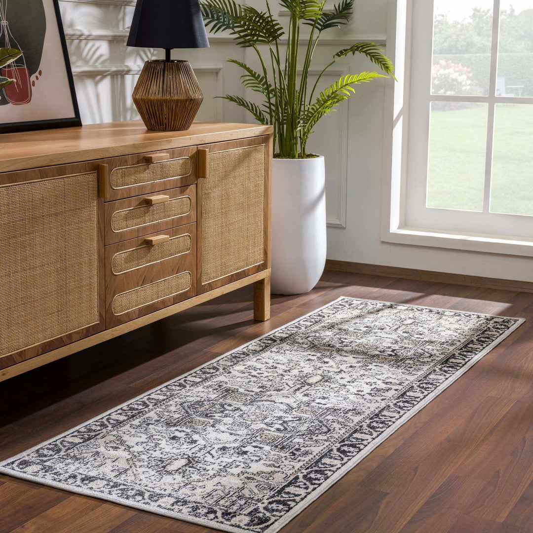 Antique Ivory, Beige and Charcoal Traditional Washable Turkish Design Area Rug - The Rug Decor
