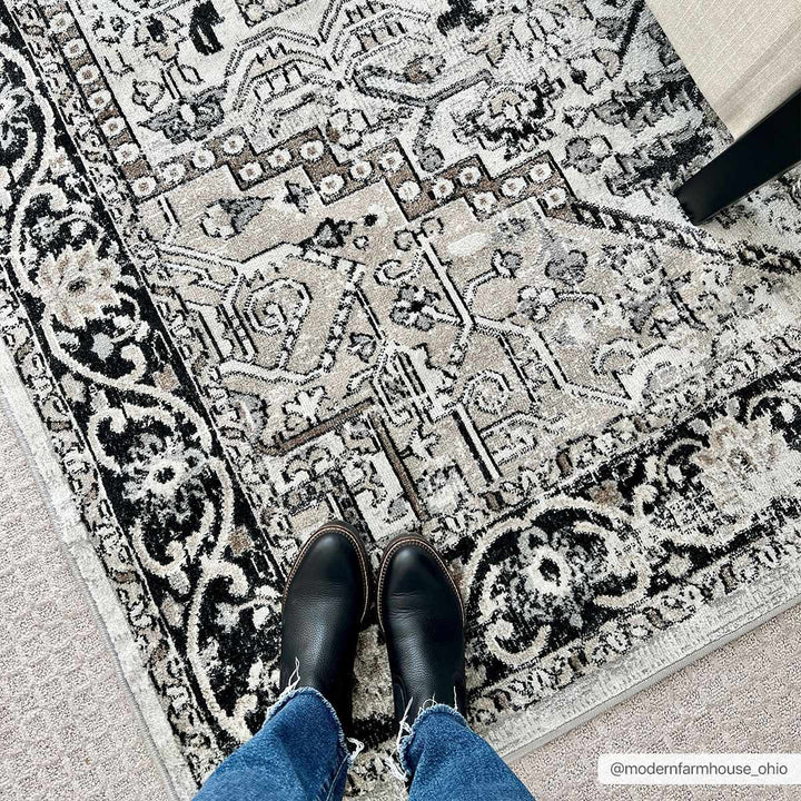Antique Ivory, Beige and Charcoal Traditional Washable Turkish Design Area Rug - The Rug Decor