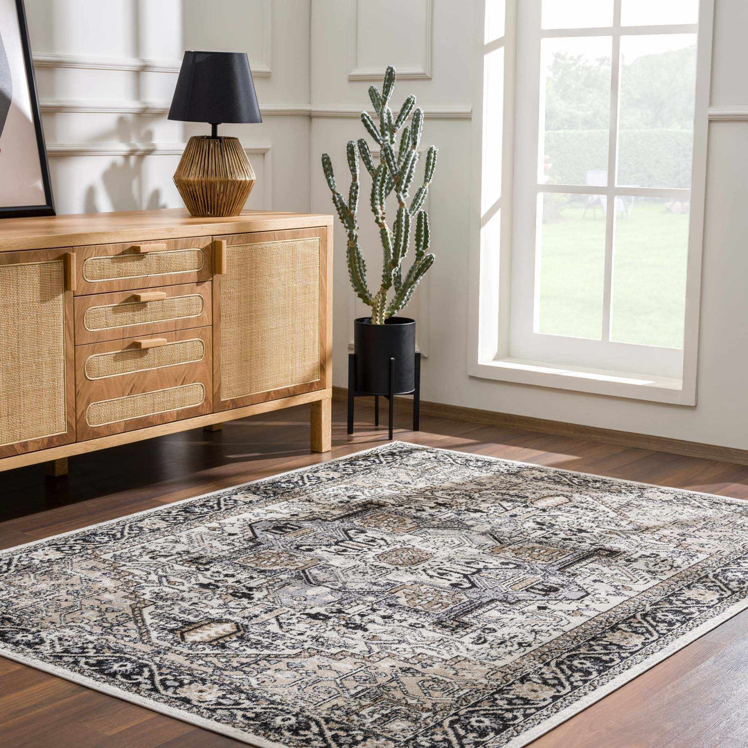 Antique Ivory, Beige and Charcoal Traditional Washable Turkish Design Area Rug - The Rug Decor