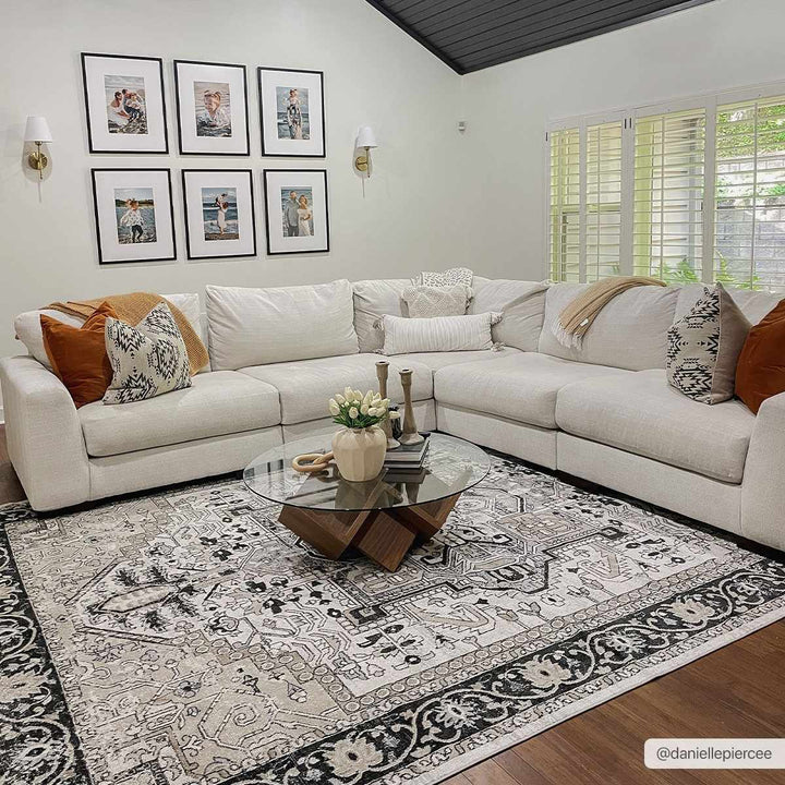 Antique Ivory, Beige and Charcoal Traditional Washable Turkish Design Area Rug - The Rug Decor