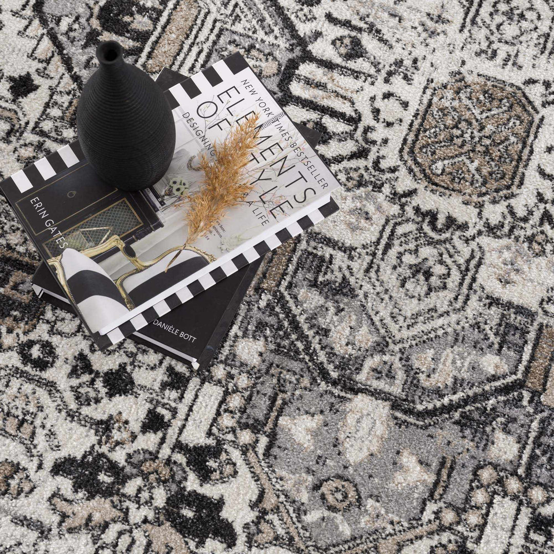 Antique Ivory, Beige and Charcoal Traditional Washable Turkish Design Area Rug - The Rug Decor