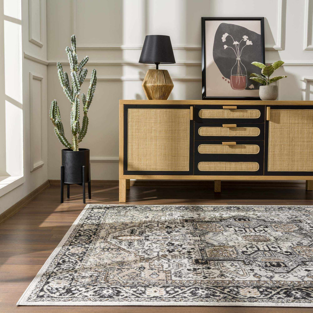 Antique Ivory, Beige and Charcoal Traditional Washable Turkish Design Area Rug - The Rug Decor