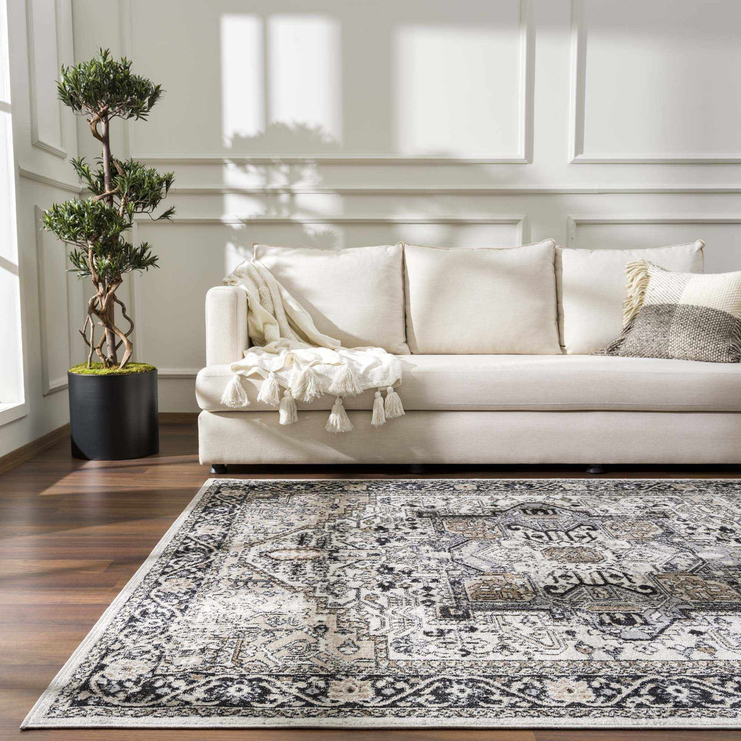 Antique Ivory, Beige and Charcoal Traditional Washable Turkish Design Area Rug - The Rug Decor