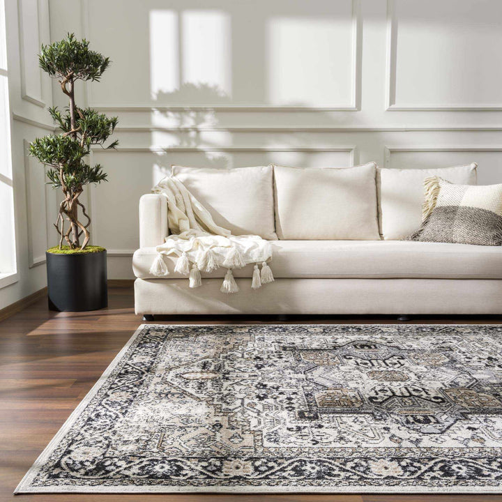 Antique Ivory, Beige and Charcoal Traditional Washable Turkish Design Area Rug - The Rug Decor