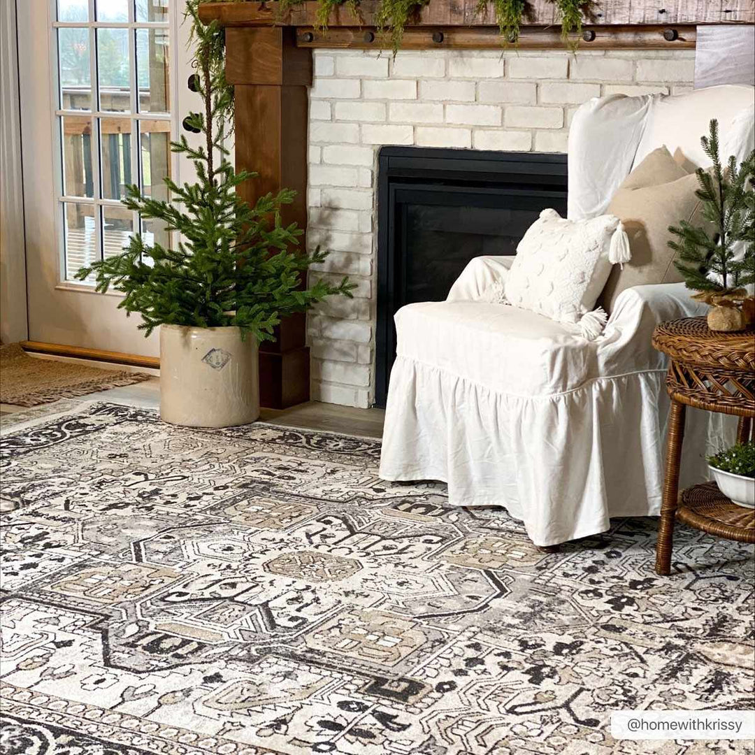 Antique Ivory, Beige and Charcoal Traditional Washable Turkish Design Area Rug - The Rug Decor