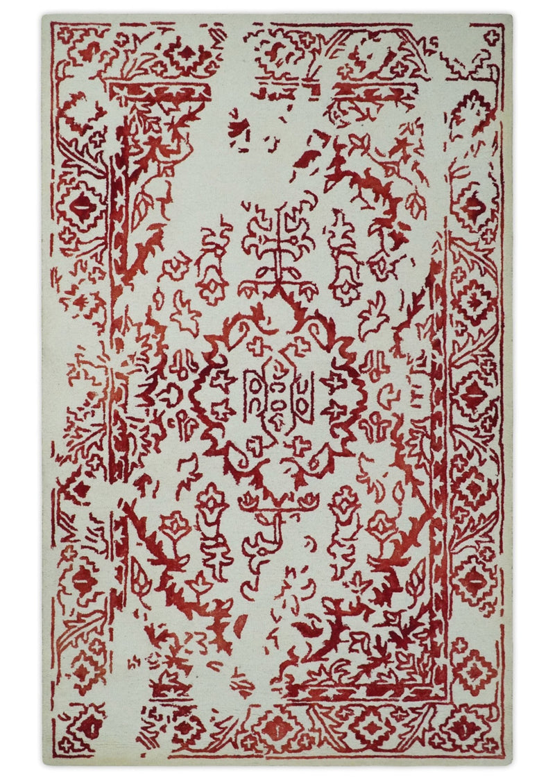 Antique Look 4.11x7.9 Ivory and Rust Hand Tufted Wool Area Rug - The Rug Decor